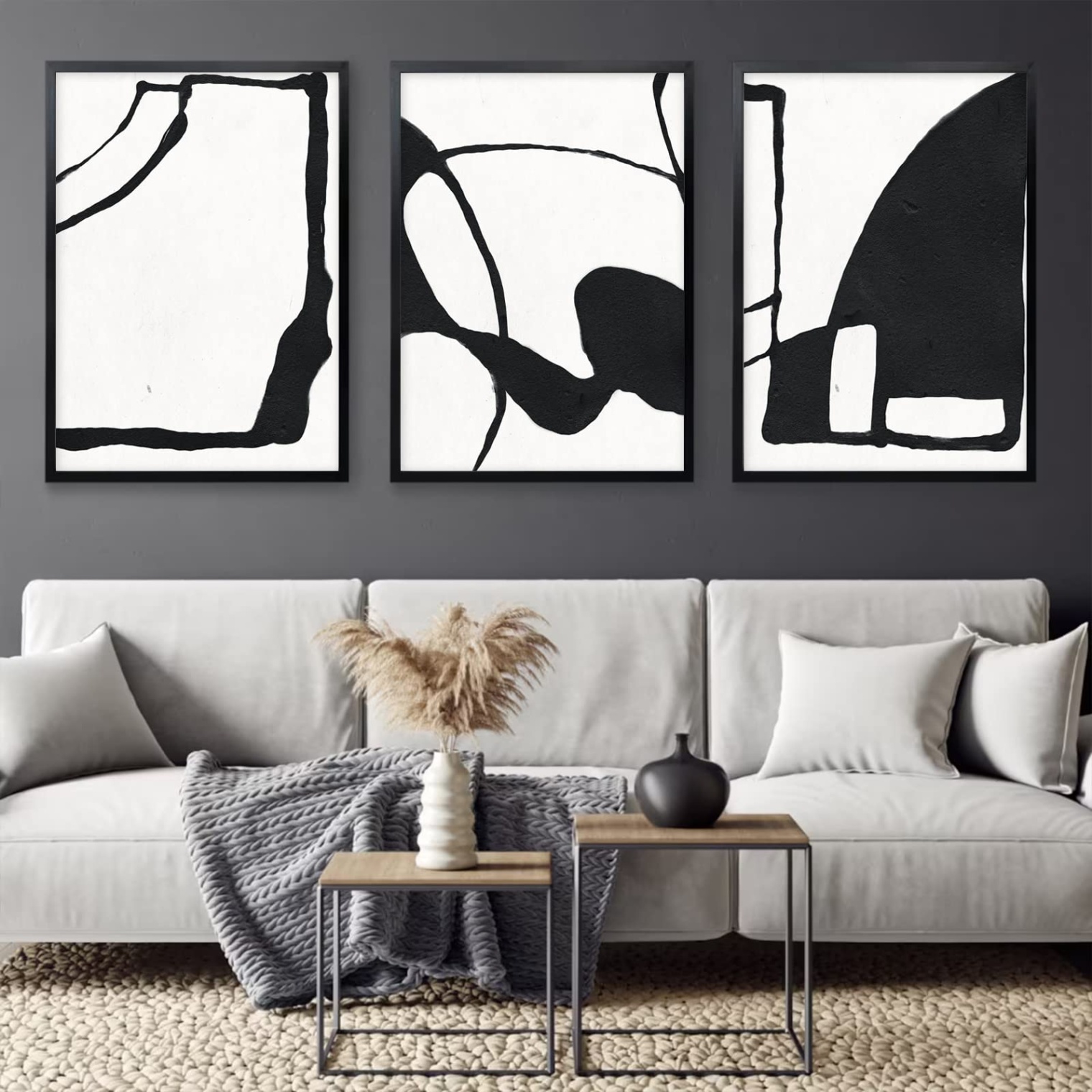 black and white wall decor Niche Utama Home Black and White Wall Art Modern Abstract Canvas Wall Art Black and White  Artwork for Walls Minimalist Black and White Geometric Painting for Living